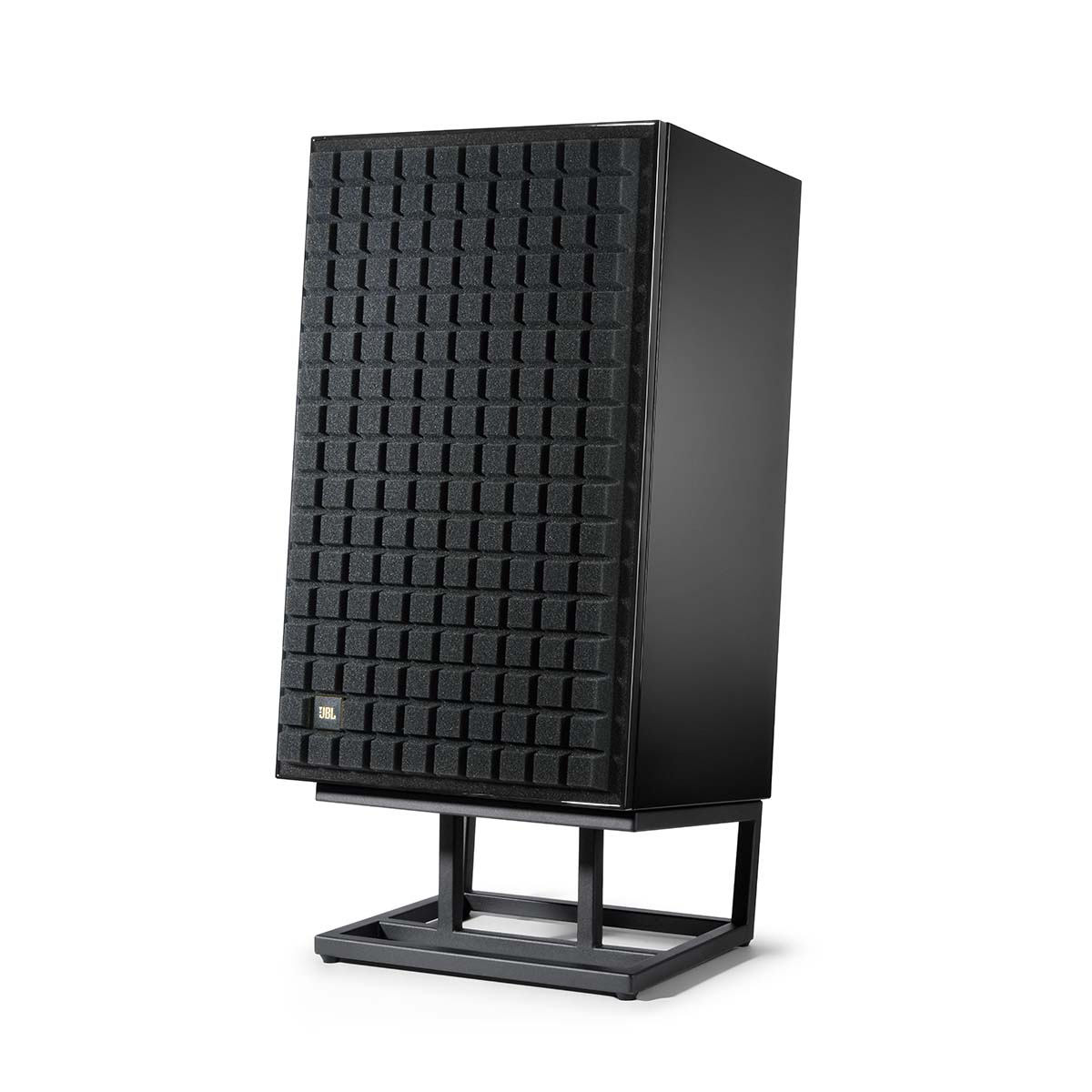 JBL L100 Classic Bookshelf Speaker - Limited Edition Gloss Black angled front view of single speaker on JS120 stand with grille