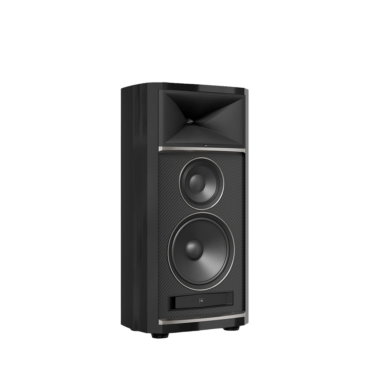 JBL Summit K2 3-Way Floorstanding Loudspeaker - single black speaker front view angled right without grille