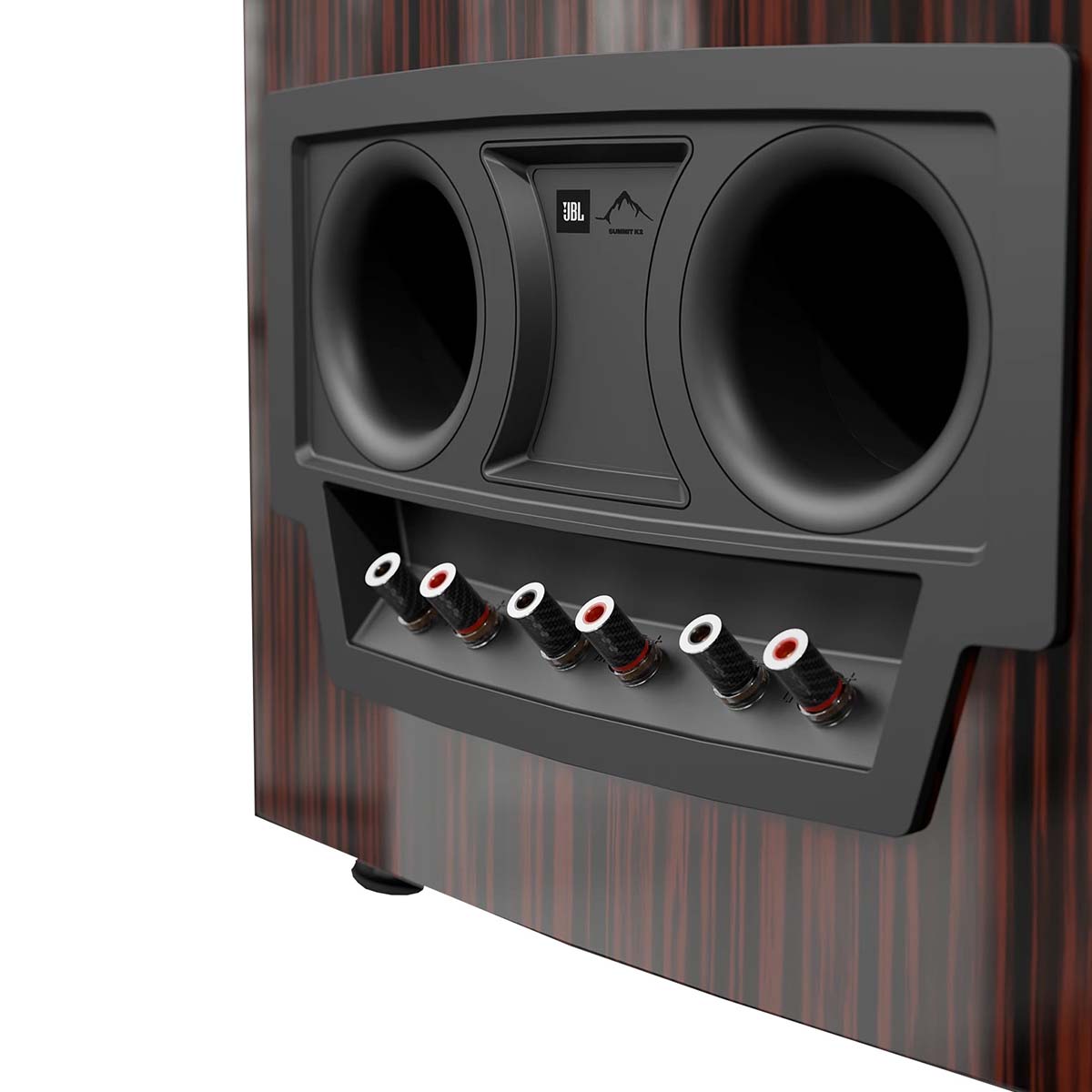 JBL Summit K2 3-Way Floorstanding Loudspeaker - single ebony speaker rear view detail of rear ports and inputs