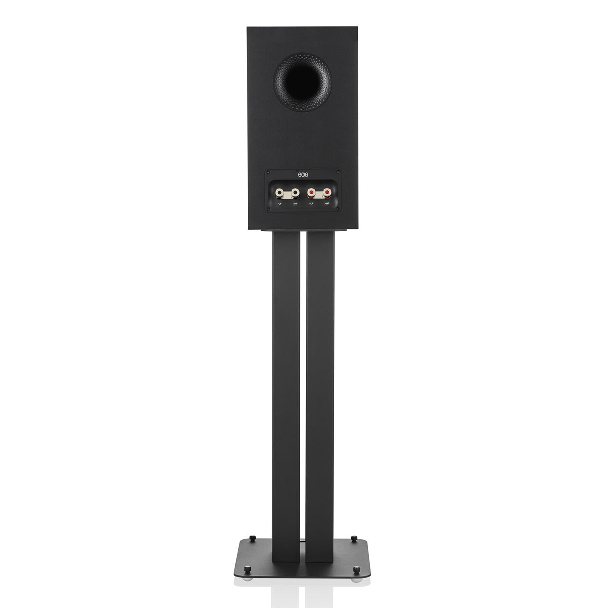 Rear shot of Bowers & Wilkins 606 S3 Stand Mount Speakers in Black on stand