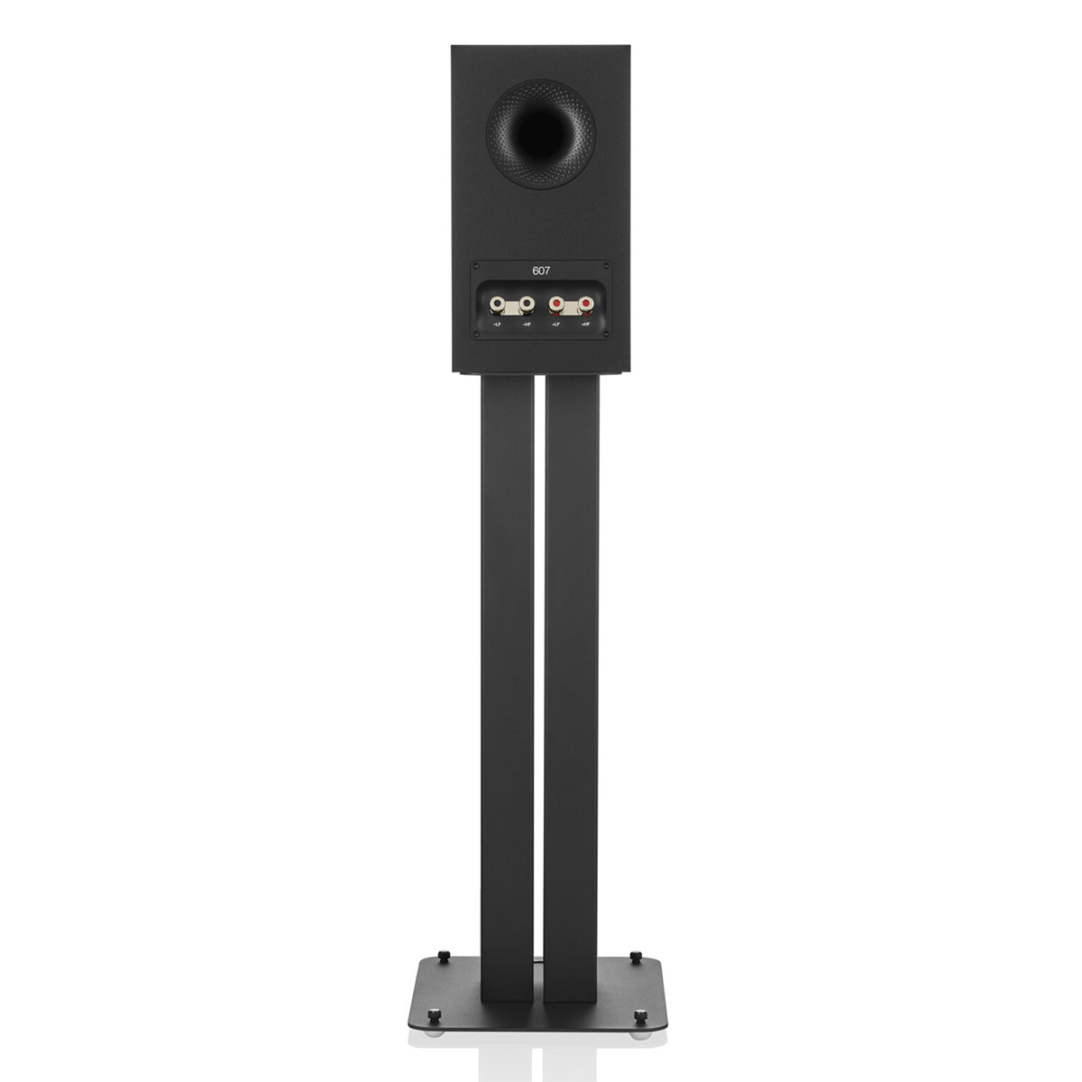 Rear shot of Bowers & Wilkins 607 S3 Bookshelf speaker on stand