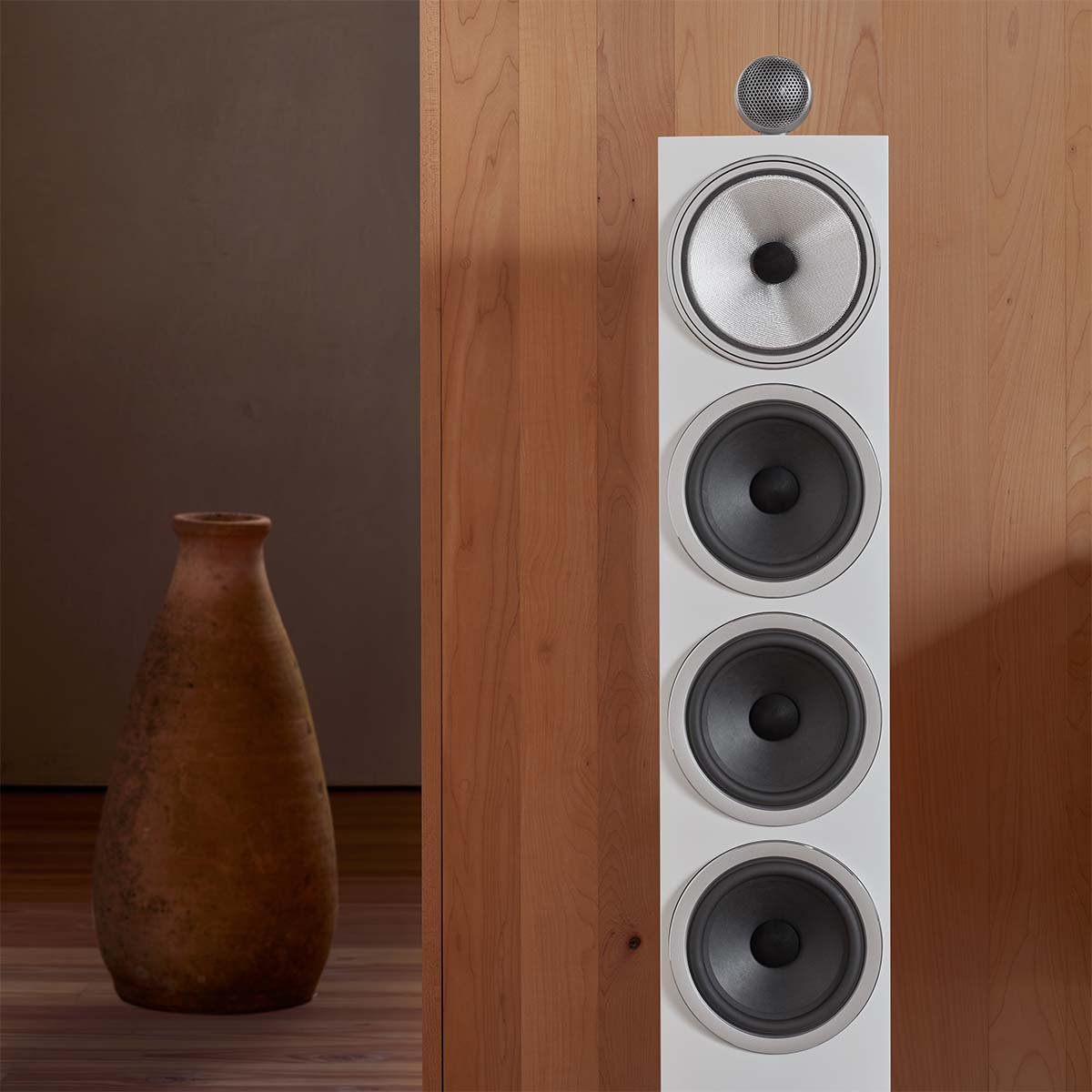 Bowers & Wilkins 702 S3 3-Way Floorstanding Loudspeaker in mocha shown in living room media room with center