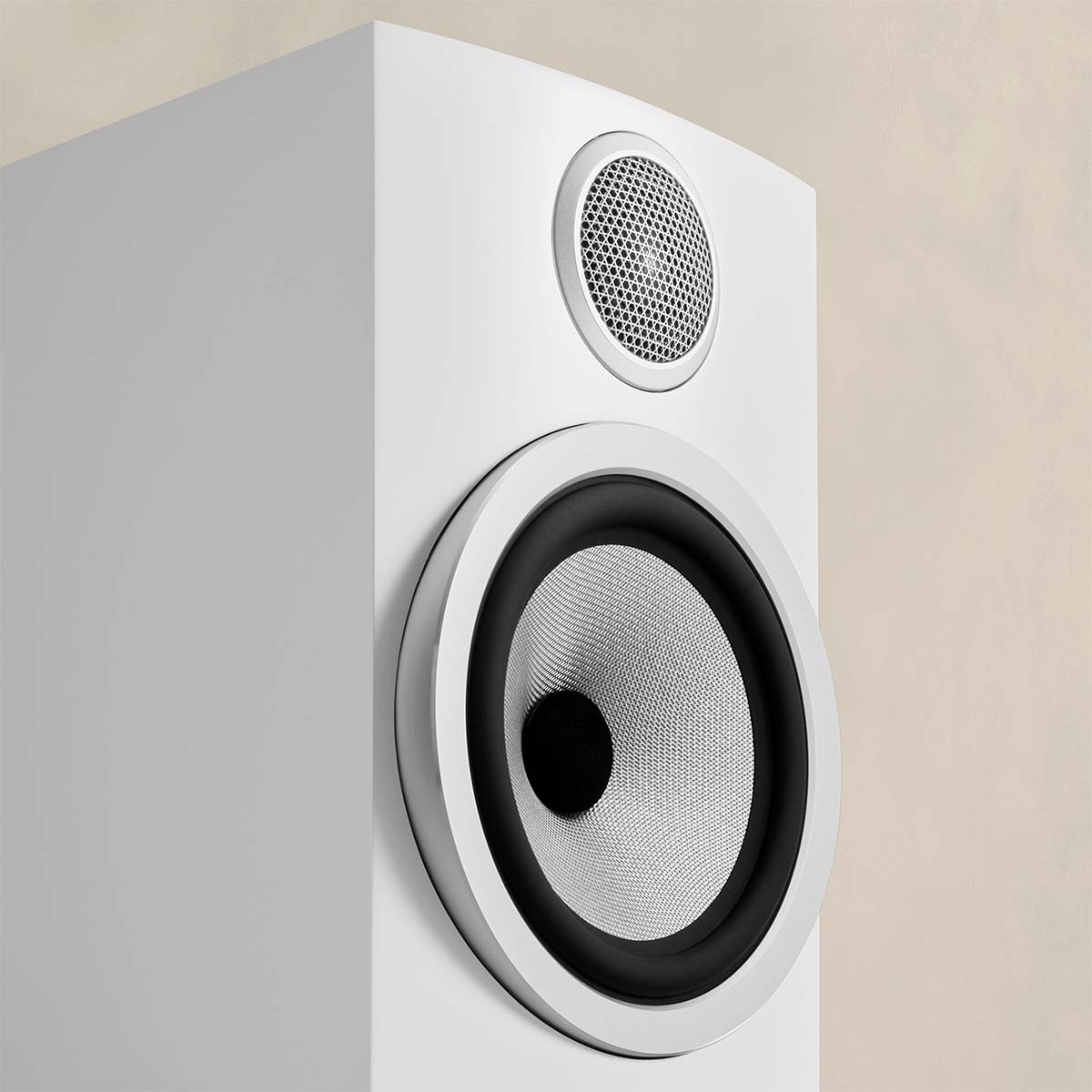 Bowers & Wilkins 706 S3 2-Way Stand Mount Bookshelf Loudspeaker in white close up shot