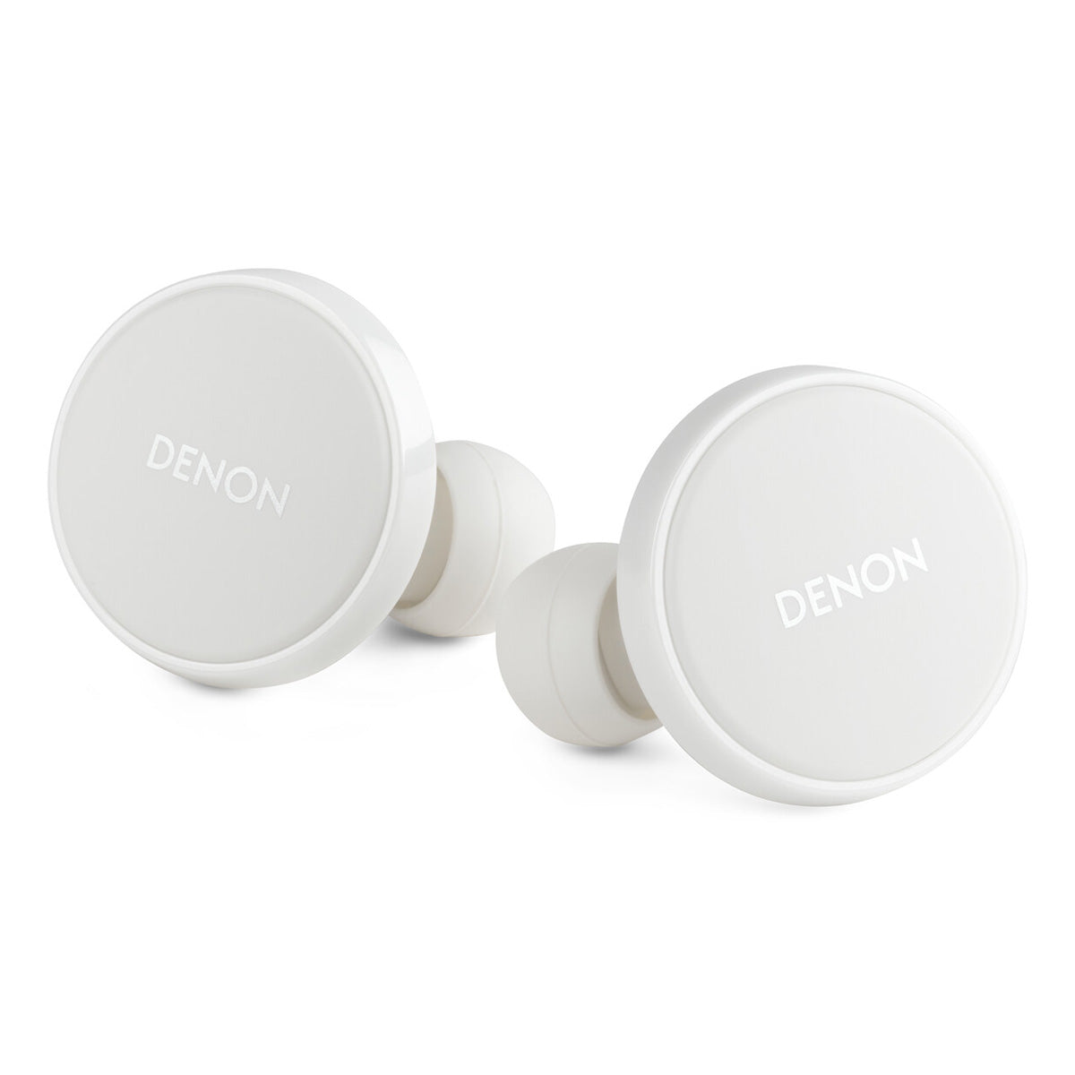 Denon PerL Pro Premium True Wireless Earbuds - white - face view of both earbuds