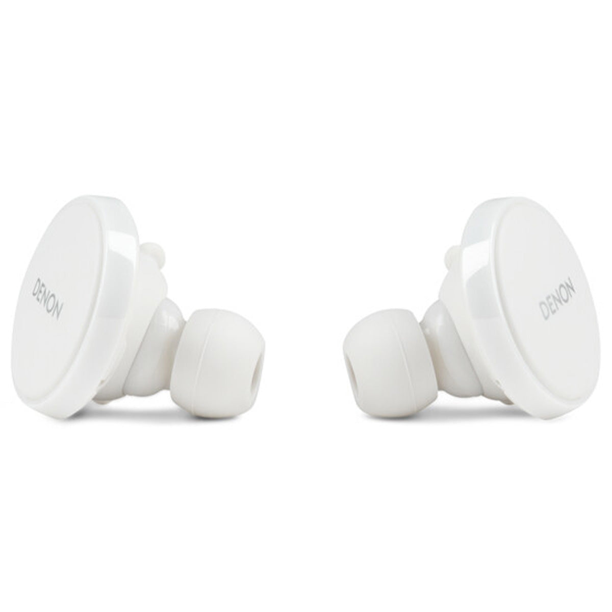 Denon PerL Pro Premium True Wireless Earbuds - white - side view of both earbuds