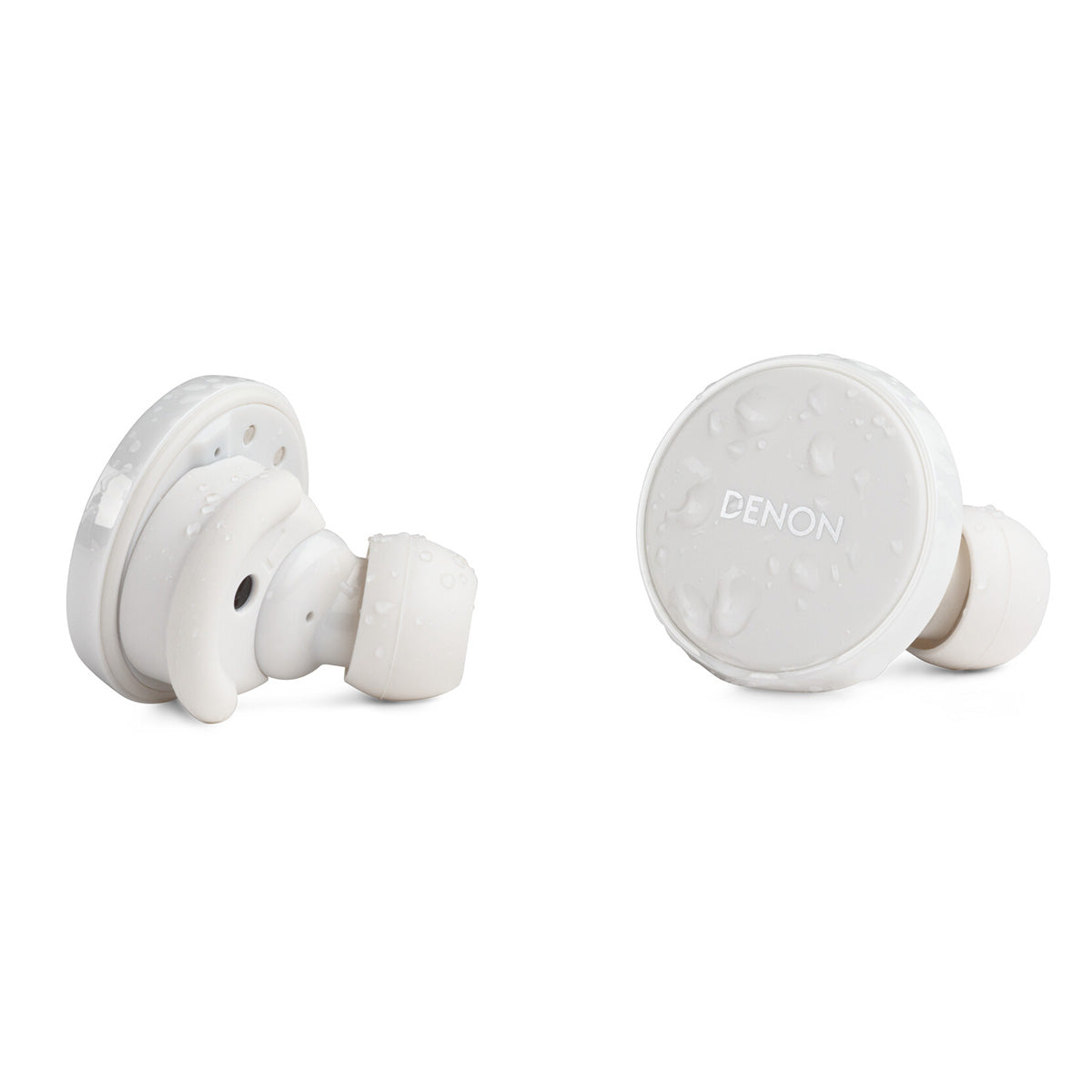 Denon PerL Pro Premium True Wireless Earbuds - white - side and face view of earbuds with water on them