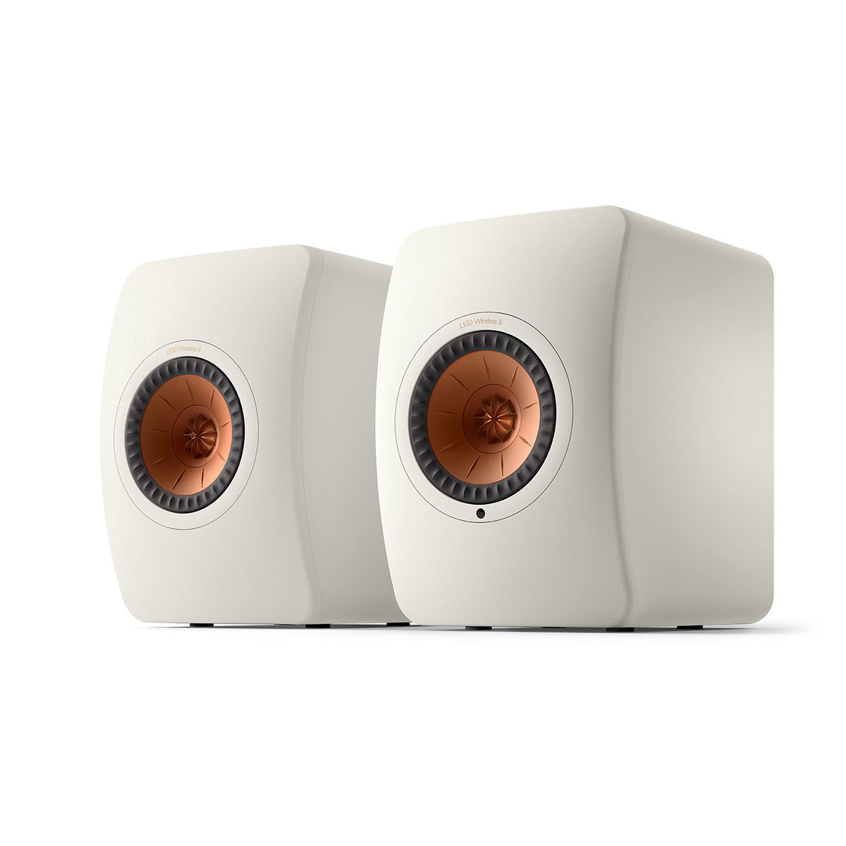 KEF LS50 Wireless II High Resolution Music System - Mineral White - Pair - angled front view of pair without grilles