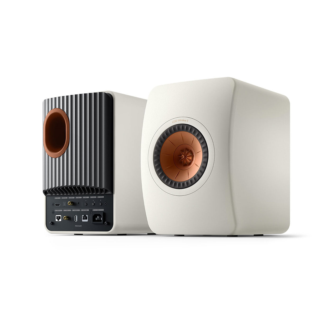 KEF LS50 Wireless II High Resolution Music System - Mineral White - Pair - angled front view of pair showing front & back
