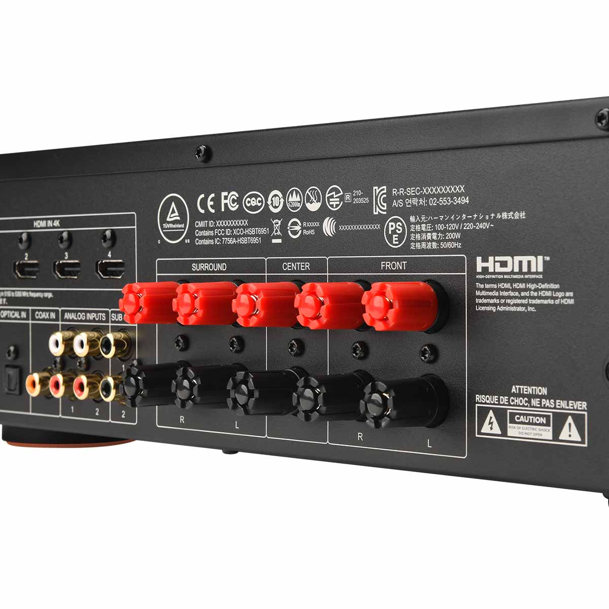 JBL MA310 5.2-Channel 4K AV Receiver - back panel binding posts detail angled left