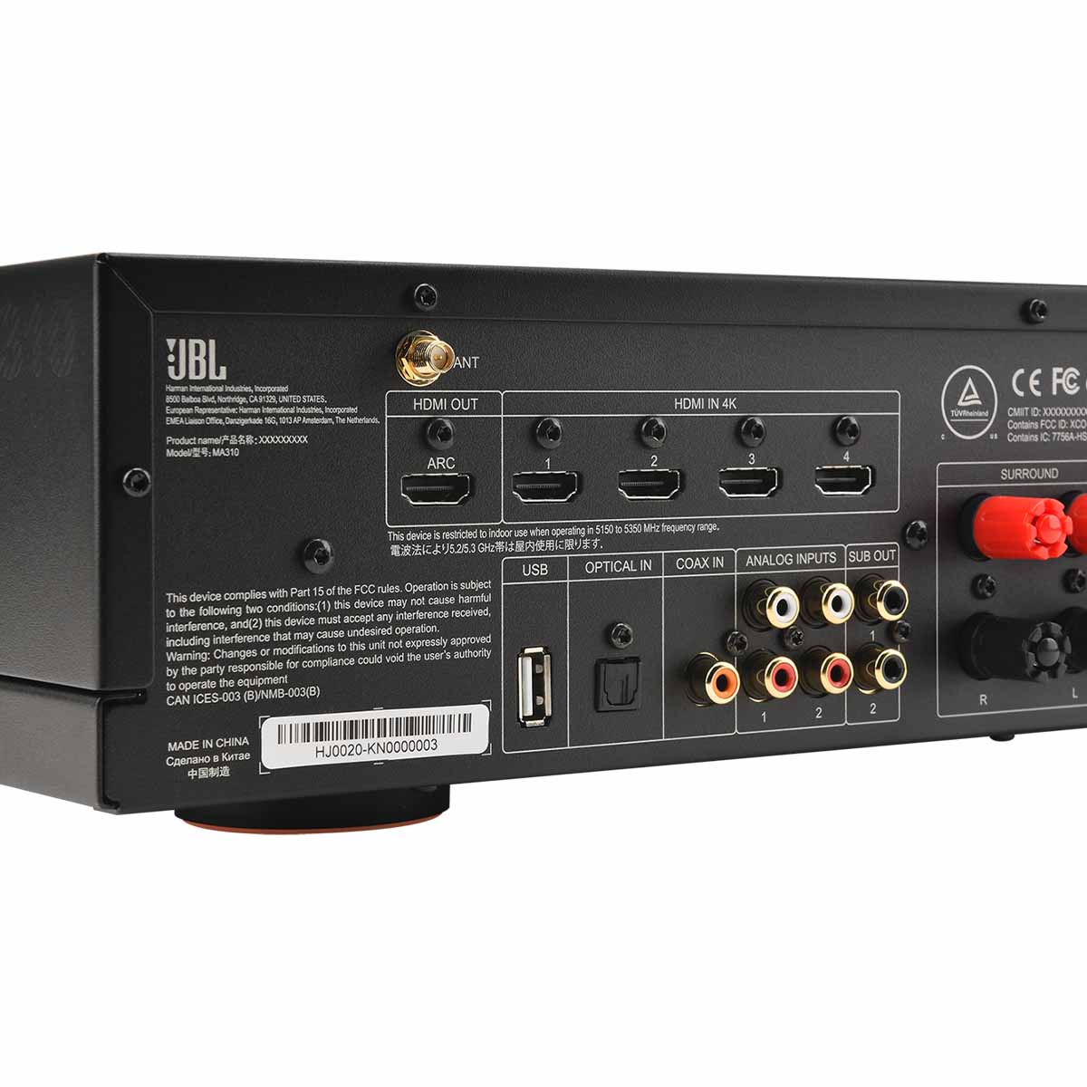 JBL MA310 5.2-Channel 4K AV Receiver - back panel detail angled right