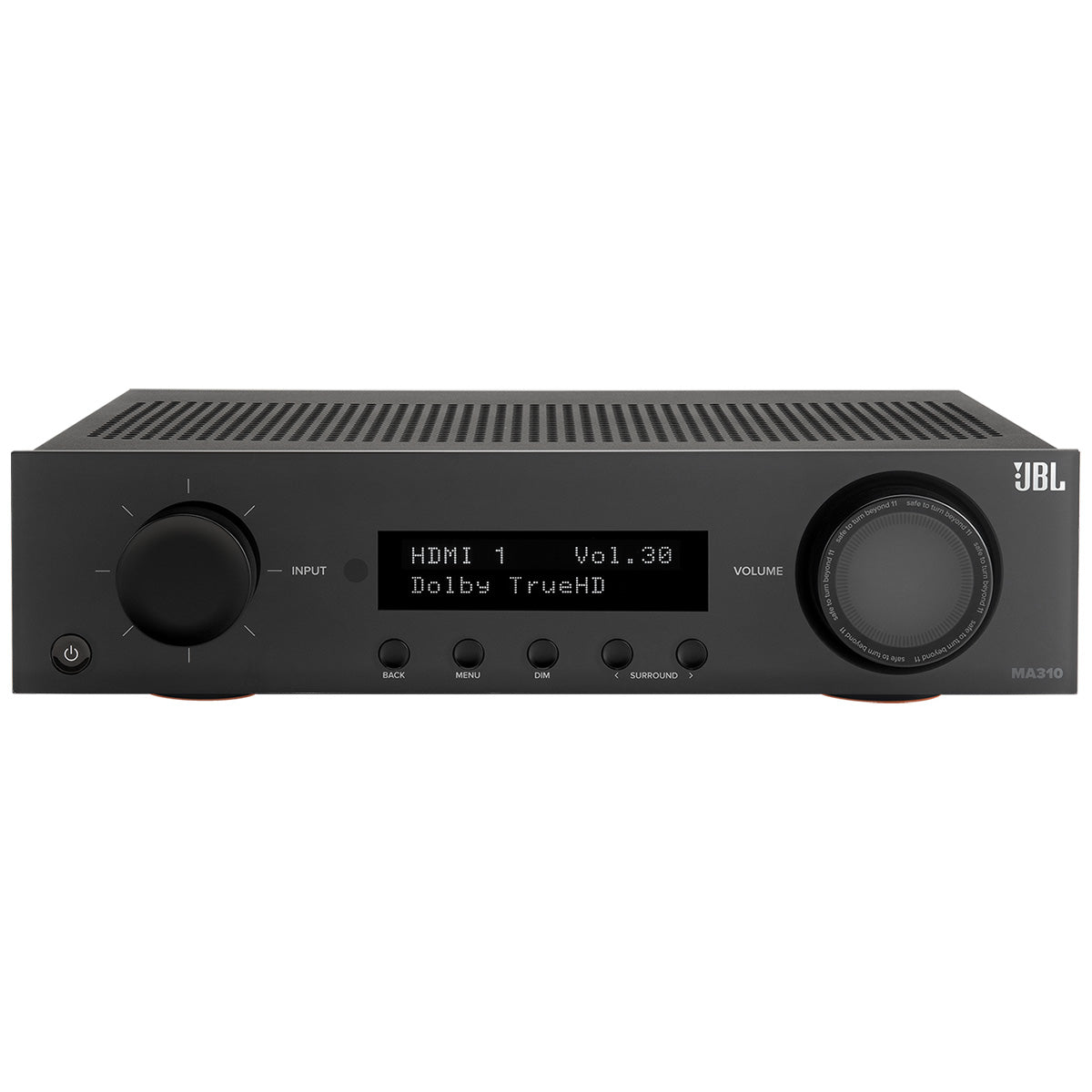 JBL MA310 5.2-Channel 4K AV Receiver with Black Front Panel - front view downward-angled