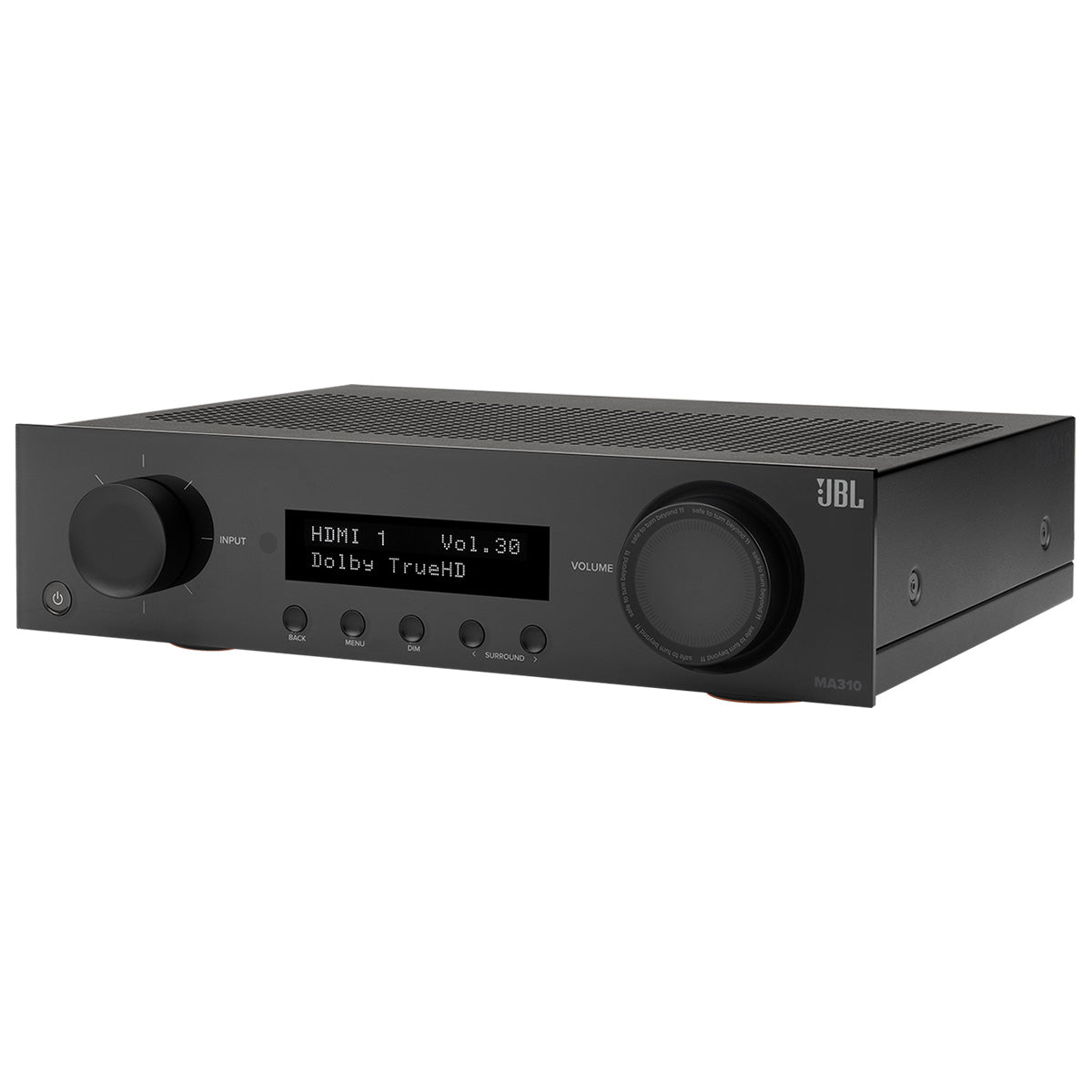 JBL MA310 5.2-Channel 4K AV Receiver with Black Front Panel - three-quarter front view angled left