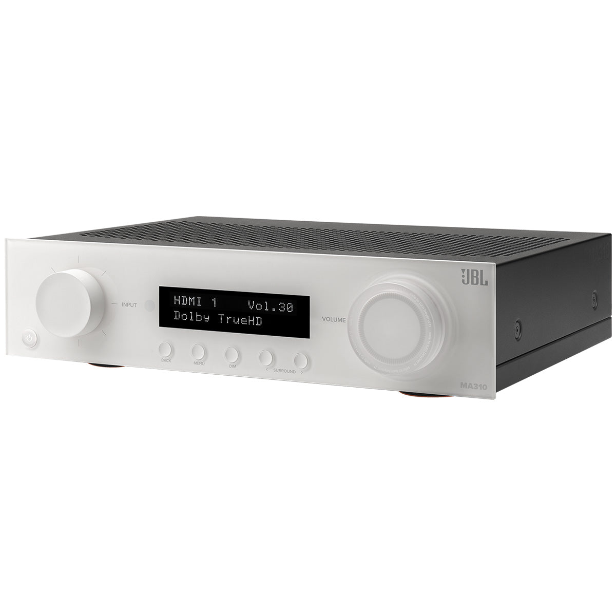 JBL MA310 5.2-Channel 4K AV Receiver with White Front Panel - three-quarter front view angled left