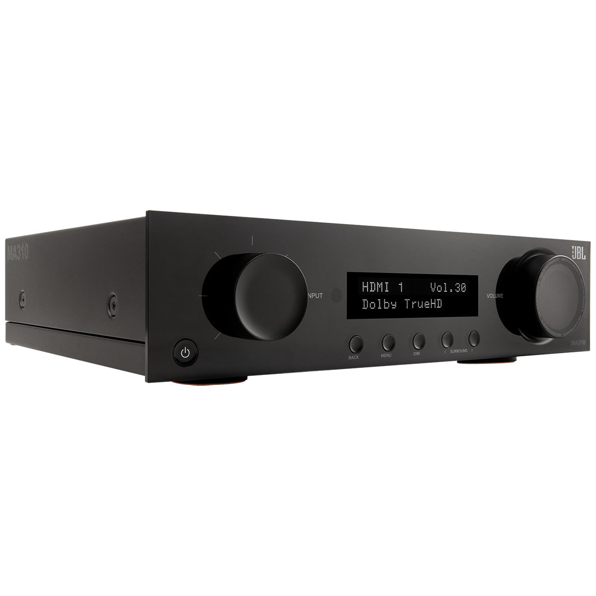 JBL MA310 5.2-Channel 4K AV Receiver with Black Front Panel - front view straight on angled right