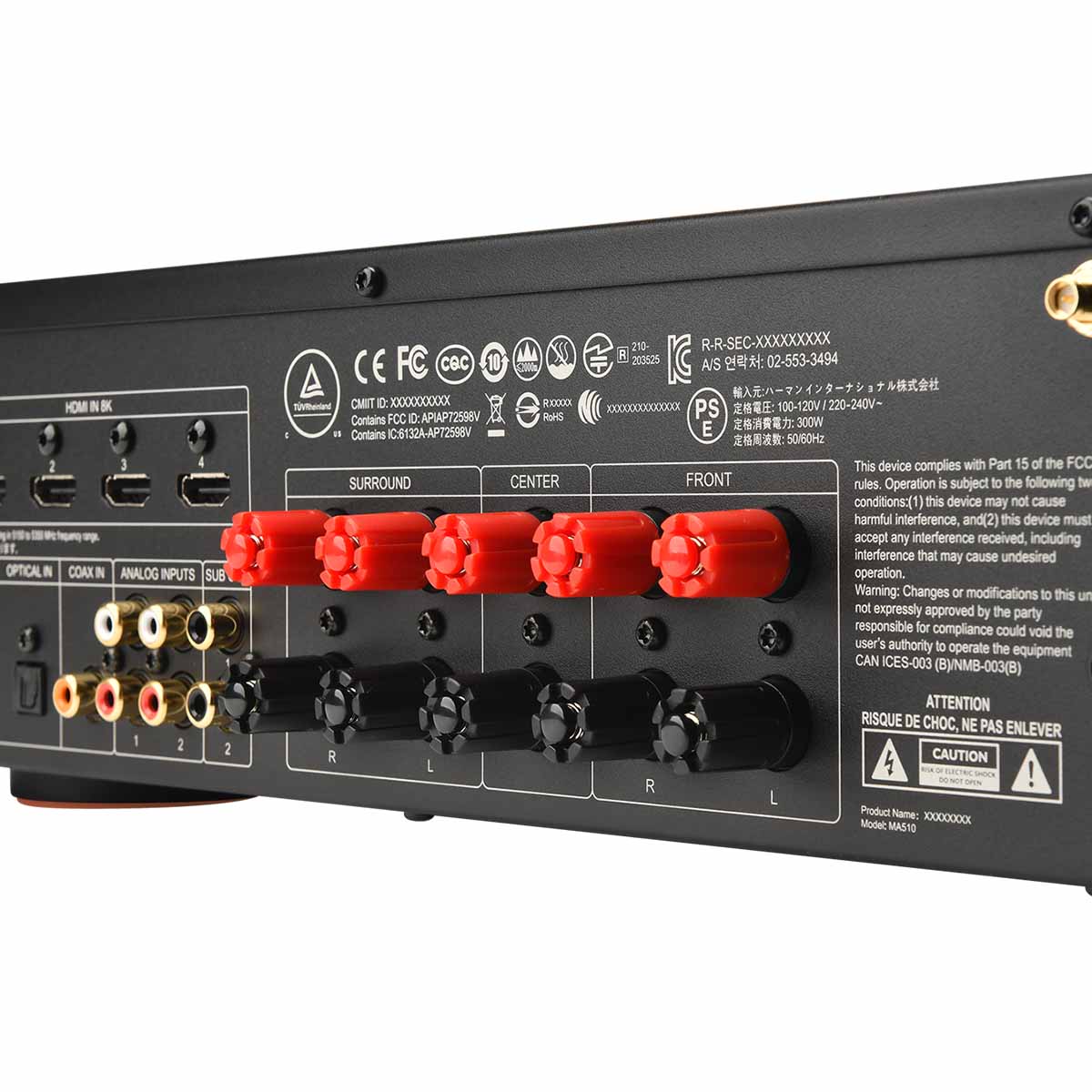 JBL MA510 5.2-Channel 8K AV Receiver - back panel binding posts detail angled left