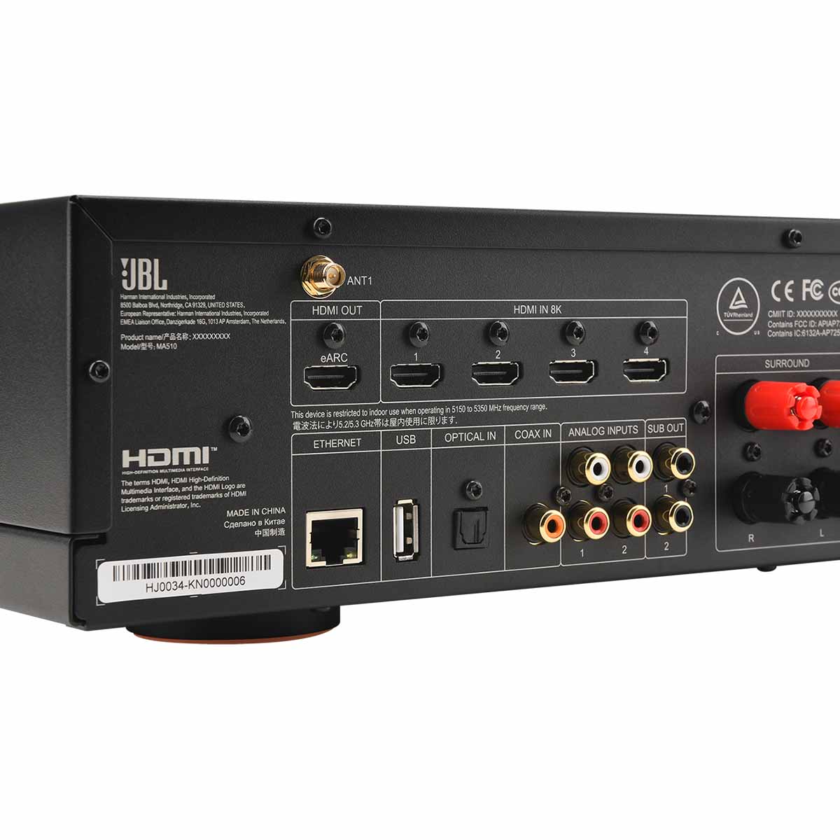 JBL MA510 5.2-Channel 8K AV Receiver - back panel detail angled right