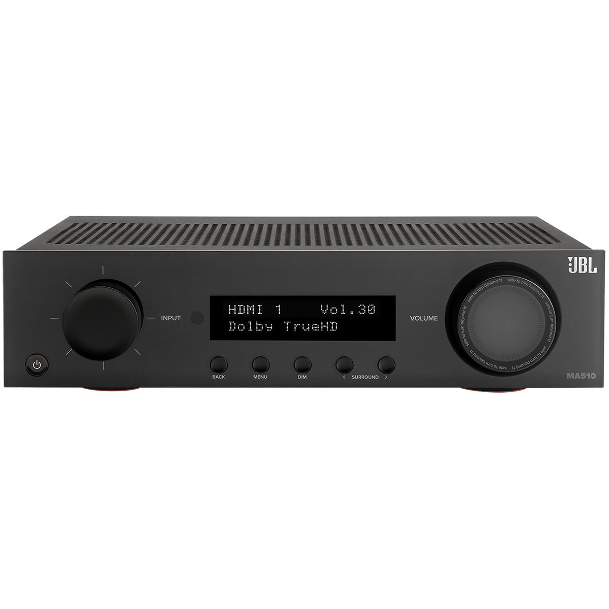 JBL MA510 5.2-Channel 8K AV Receiver with Black Front Panel - front view downward-angled