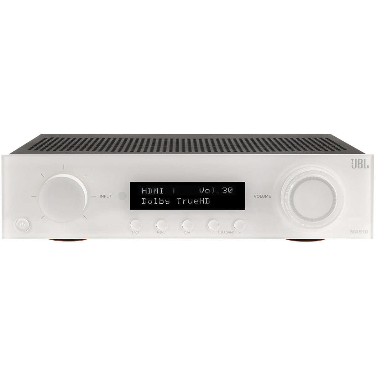 JBL MA510 5.2-Channel 8K AV Receiver with White Front Panel - front view downward-angled