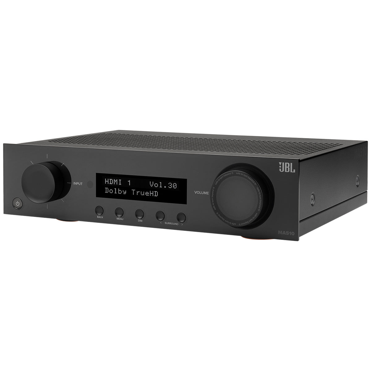 JBL MA510 5.2-Channel 8K AV Receiver with Black Front Panel - three-quarter front view angled left