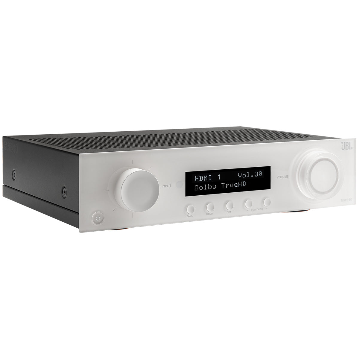 JBL MA510 5.2-Channel 8K AV Receiver with White Front Panel - front view straight on angled right