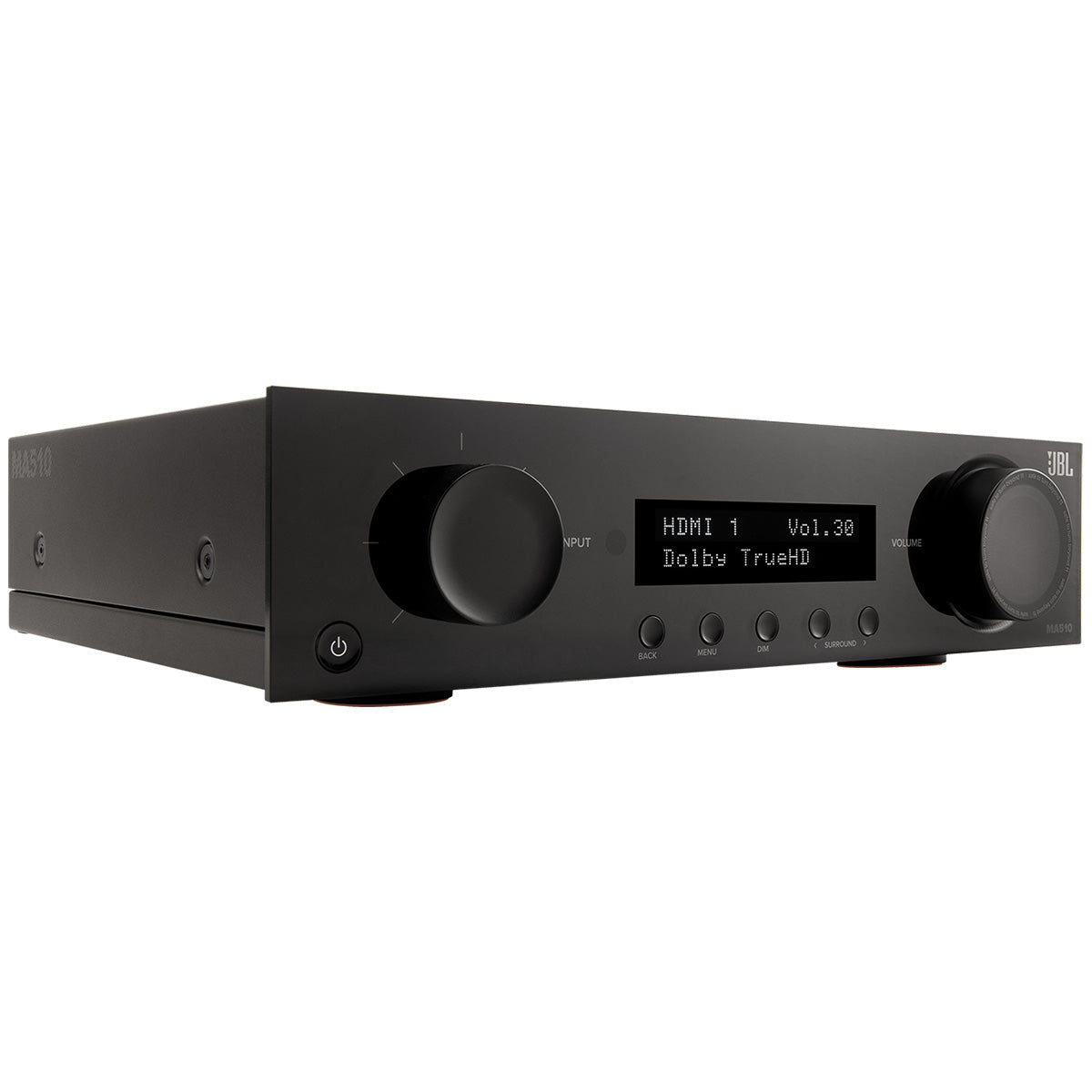JBL MA510 5.2-Channel 8K AV Receiver with Black Front Panel - front view straight on angled right