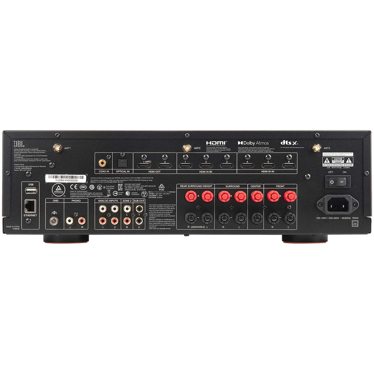 JBL MA7100HP 7.2-Channel 8K High Performance AV Receiver - back panel view straight-on