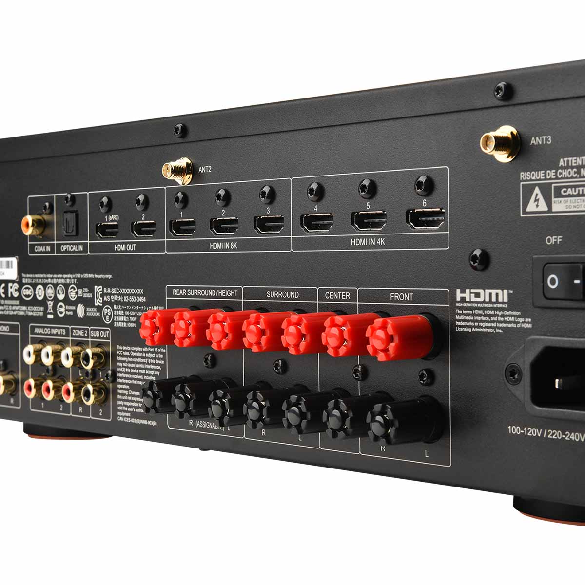 JBL MA7100HP 7.2-Channel 8K High Performance AV Receiver - back panel binding posts detail angled left