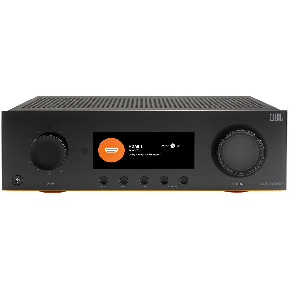 JBL MA7100HP 7.2-Channel 8K High Performance AV Receiver with Black Front Panel - front view angled down
