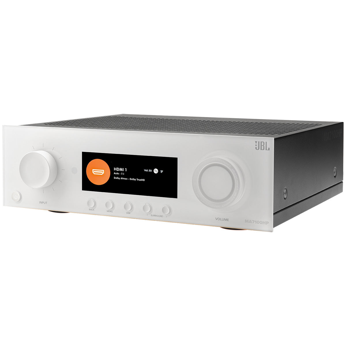 JBL MA7100HP 7.2-Channel 8K High Performance AV Receiver with White Front Panel - three-quarter front view angled left