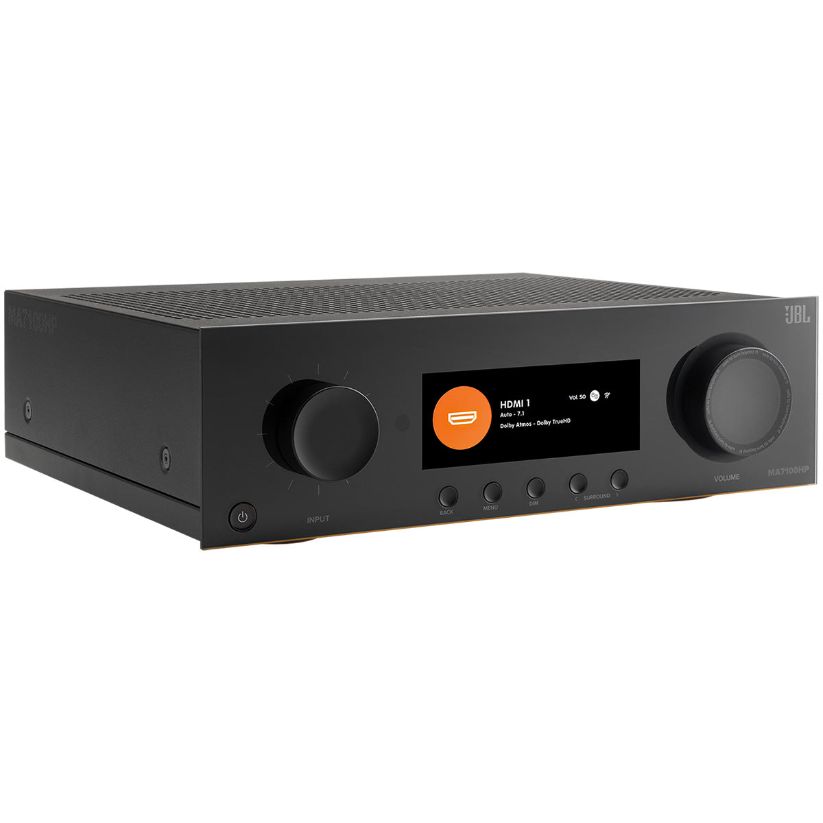JBL MA7100HP 7.2-Channel 8K High Performance AV Receiver with Black Front Panel - three-quarter front view angled right