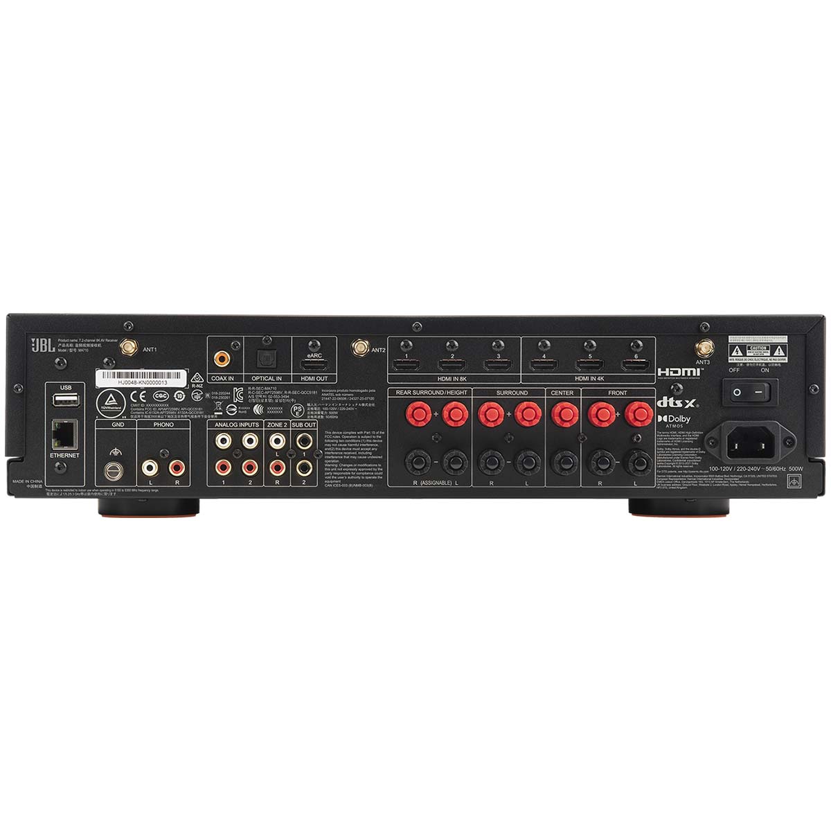 JBL MA710 7.2-Channel 8K AV Receiver - back view straight on