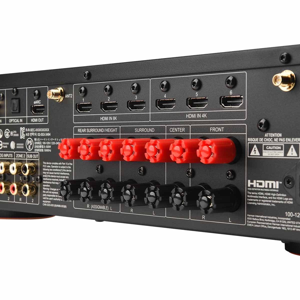 JBL MA710 7.2-Channel 8K AV Receiver - back panel binding posts detail angled left