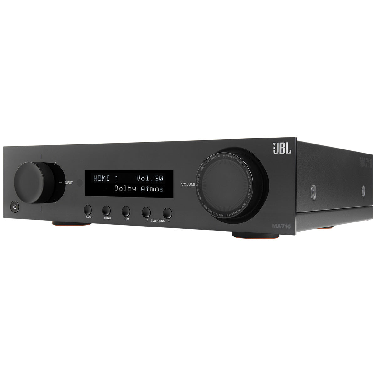 JBL MA710 7.2-Channel 8K AV Receiver with Black Front Panel - front view straight on angled left