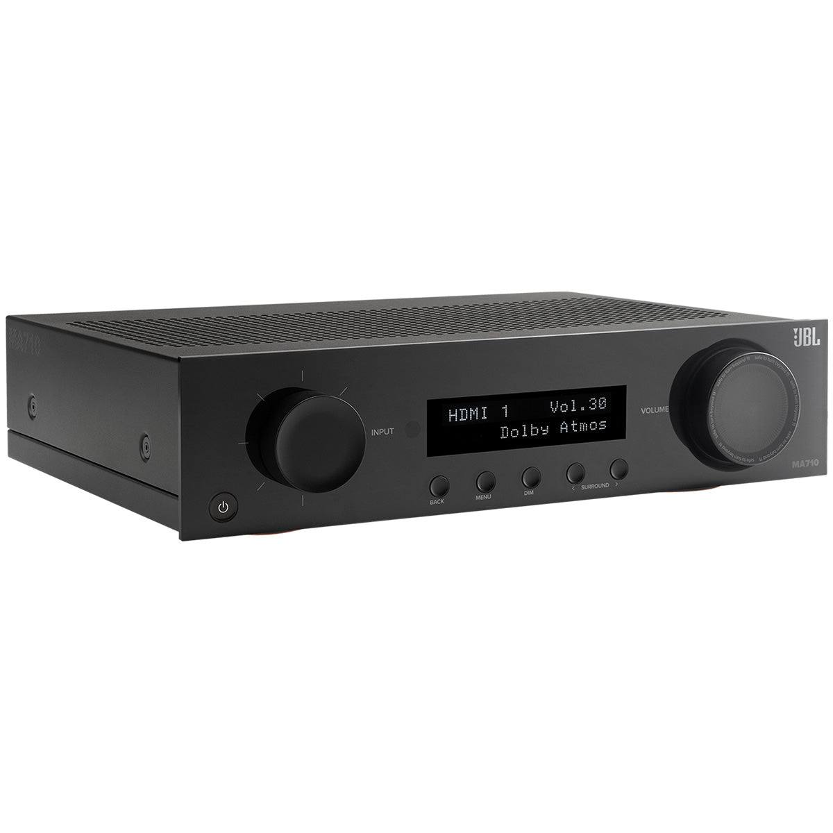 JBL MA710 7.2-Channel 8K AV Receiver with Black Front Panel - three-quarter front view angled right