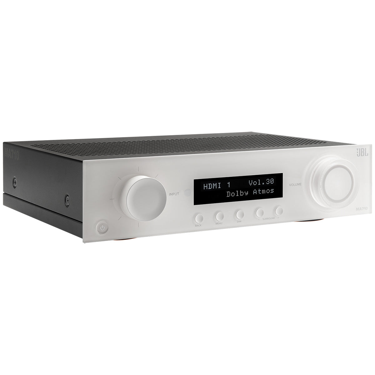 JBL MA710 7.2-Channel 8K AV Receiver with White Front Panel - three-quarter front view angled right