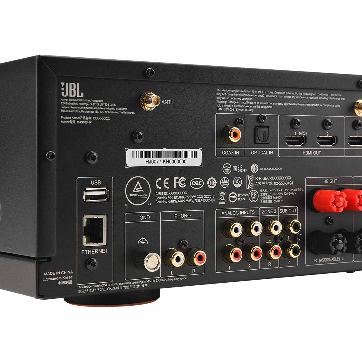 JBL MA9100HP 9.2-Channel 8K High Performance AV Receiver - back panel detail angled right