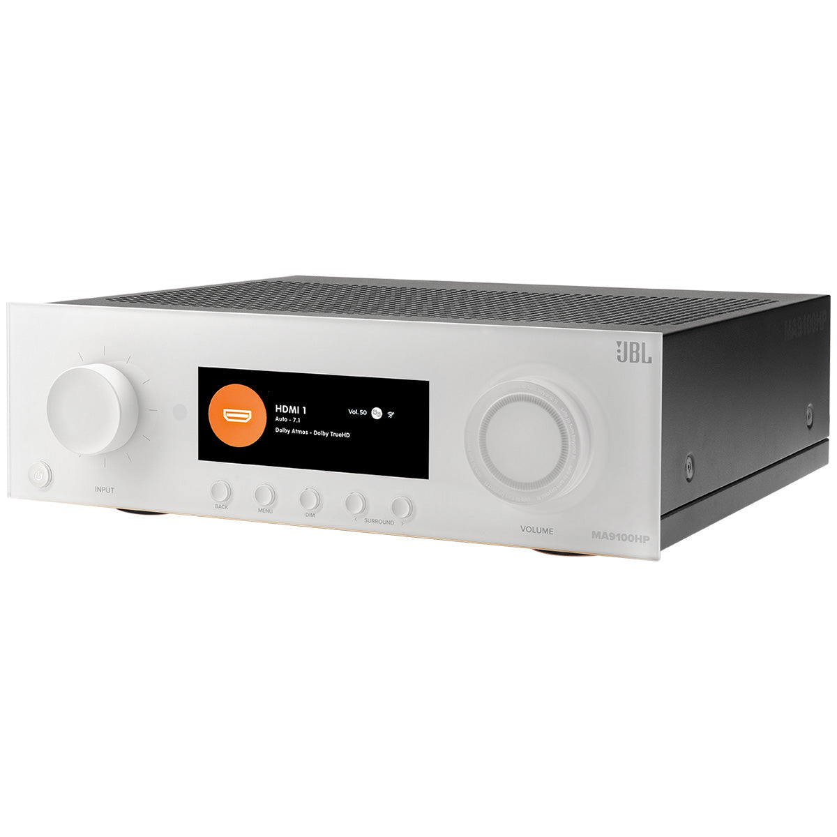 JBL MA9100HP 9.2-Channel 8K High Performance AV Receiver with White Front Panel - front view angled right