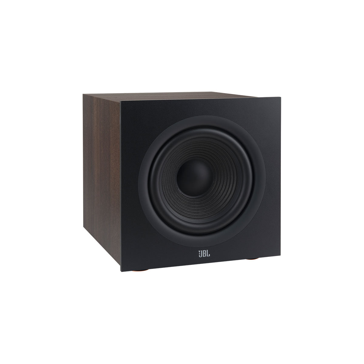 JBL Stage 2 200P 10-inch 300W Powered Subwoofer - Black - three-quarter view without grille angled right