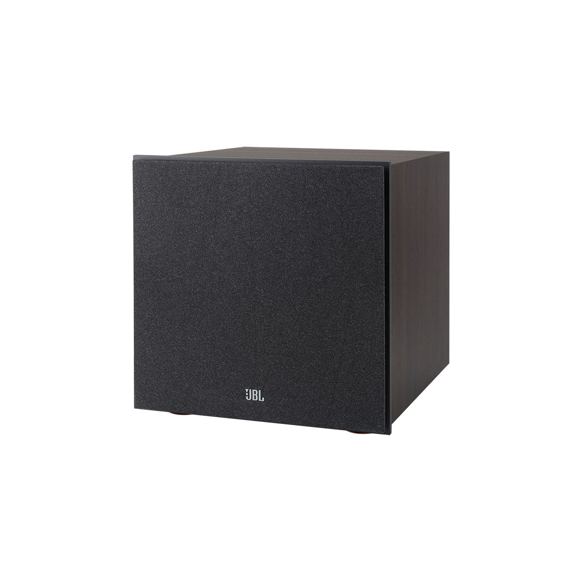 JBL Stage 2 200P 10-inch 300W Powered Subwoofer - Black - three-quarter view with grille angled left