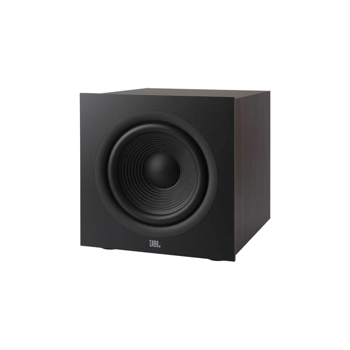 JBL Stage 2 200P 10-inch 300W Powered Subwoofer - Black - three-quarter view without grille angled left