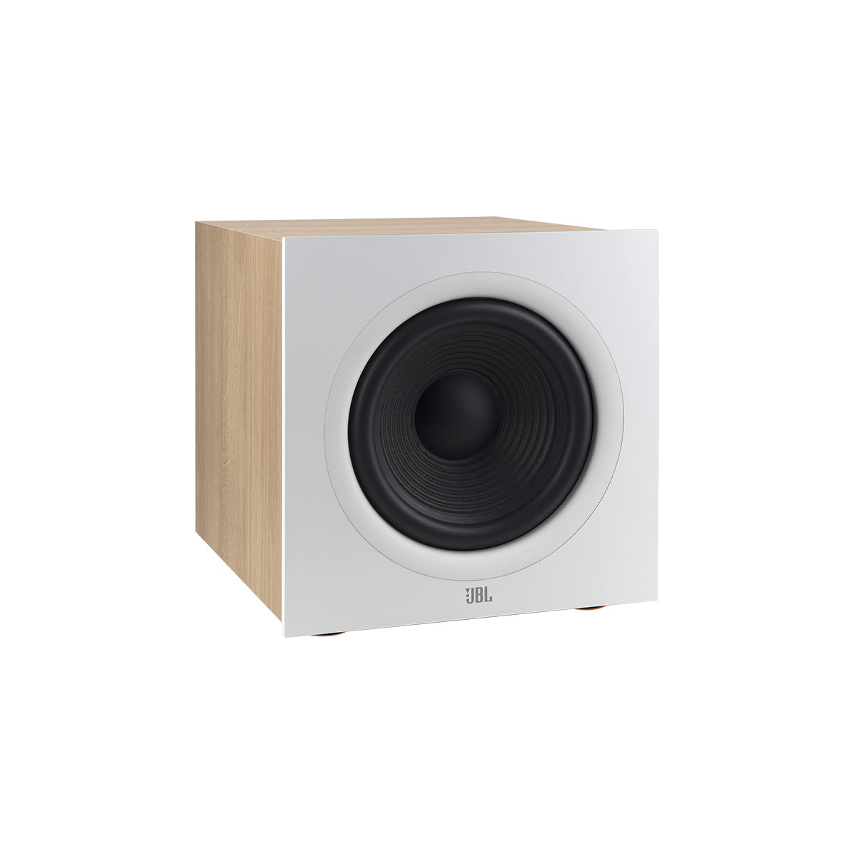 JBL Stage 2 200P 10-inch 300W Powered Subwoofer - White - three-quarter view without grille angled right