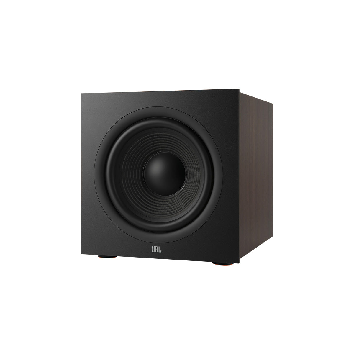JBL Stage 2 220P 12-inch 500W Powered Subwoofer - Black - three-quarter front view without grille angled left