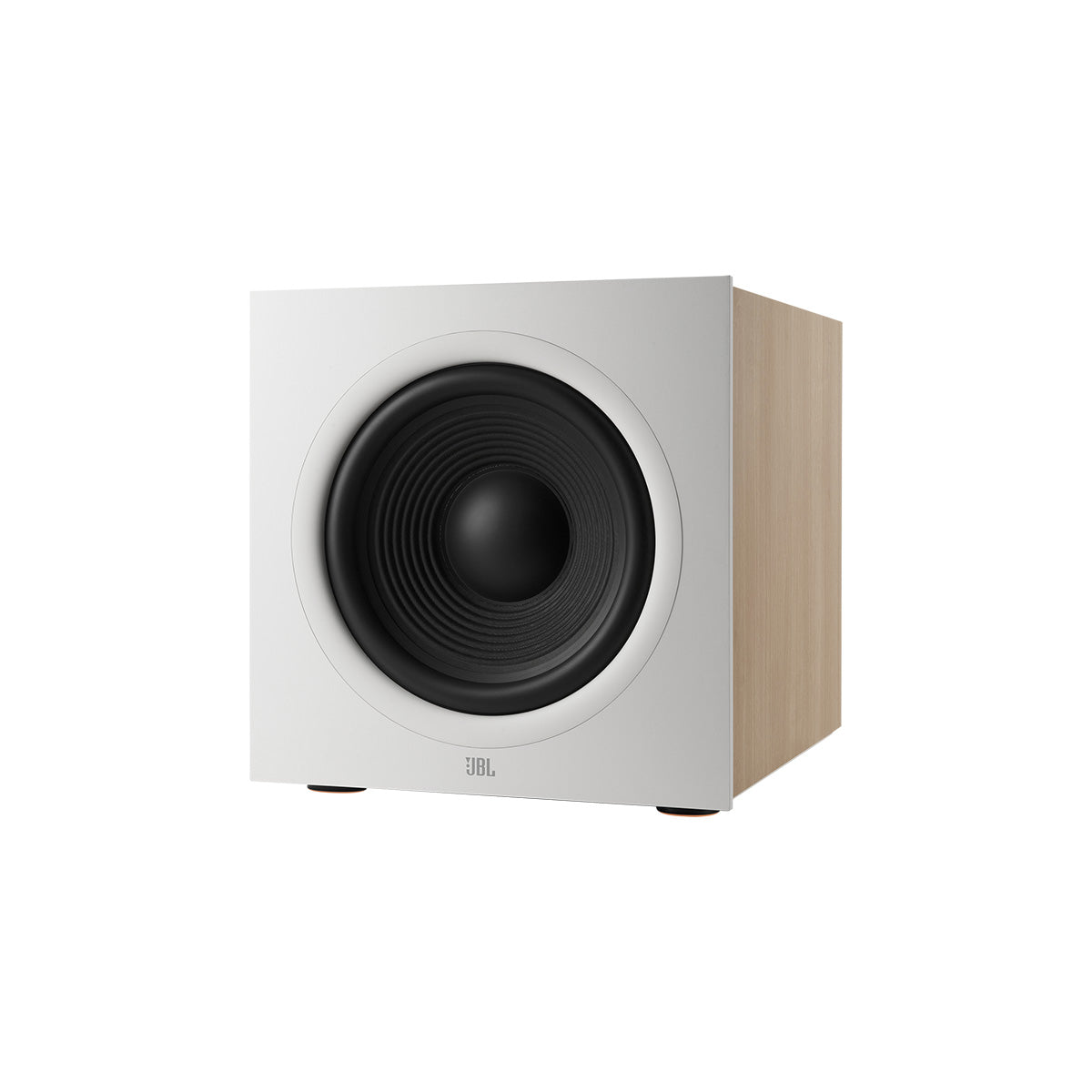 JBL Stage 2 220P 12-inch 500W Powered Subwoofer - White - three-quarter front view without grille angled left