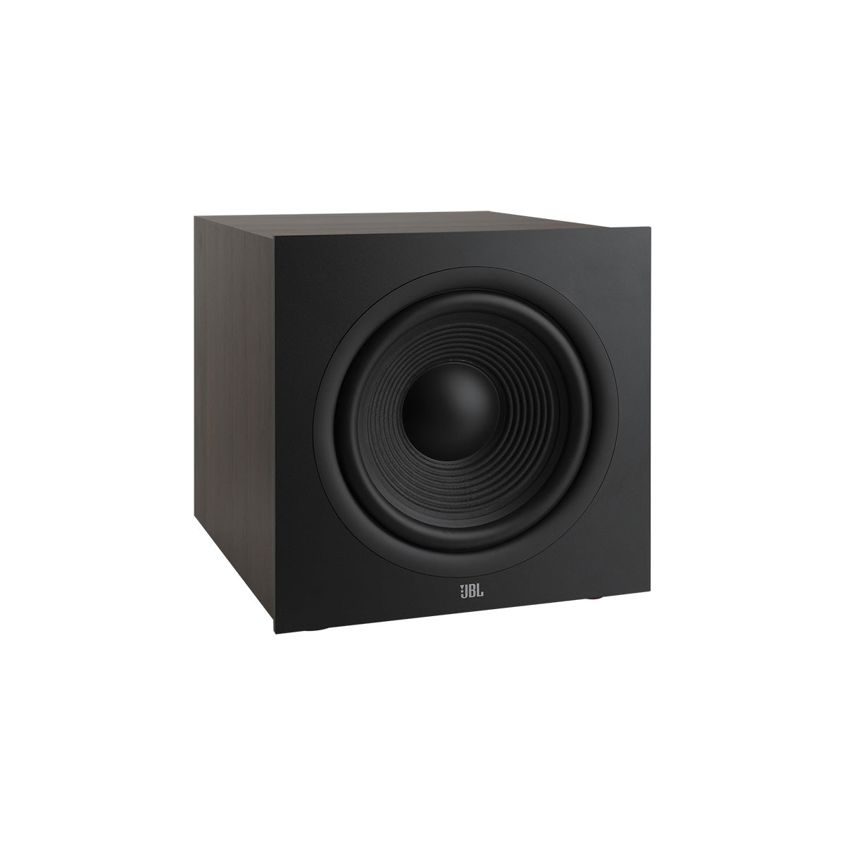 JBL Stage 2 220P 12-inch 500W Powered Subwoofer - Black - three-quarter front view without grille angled right
