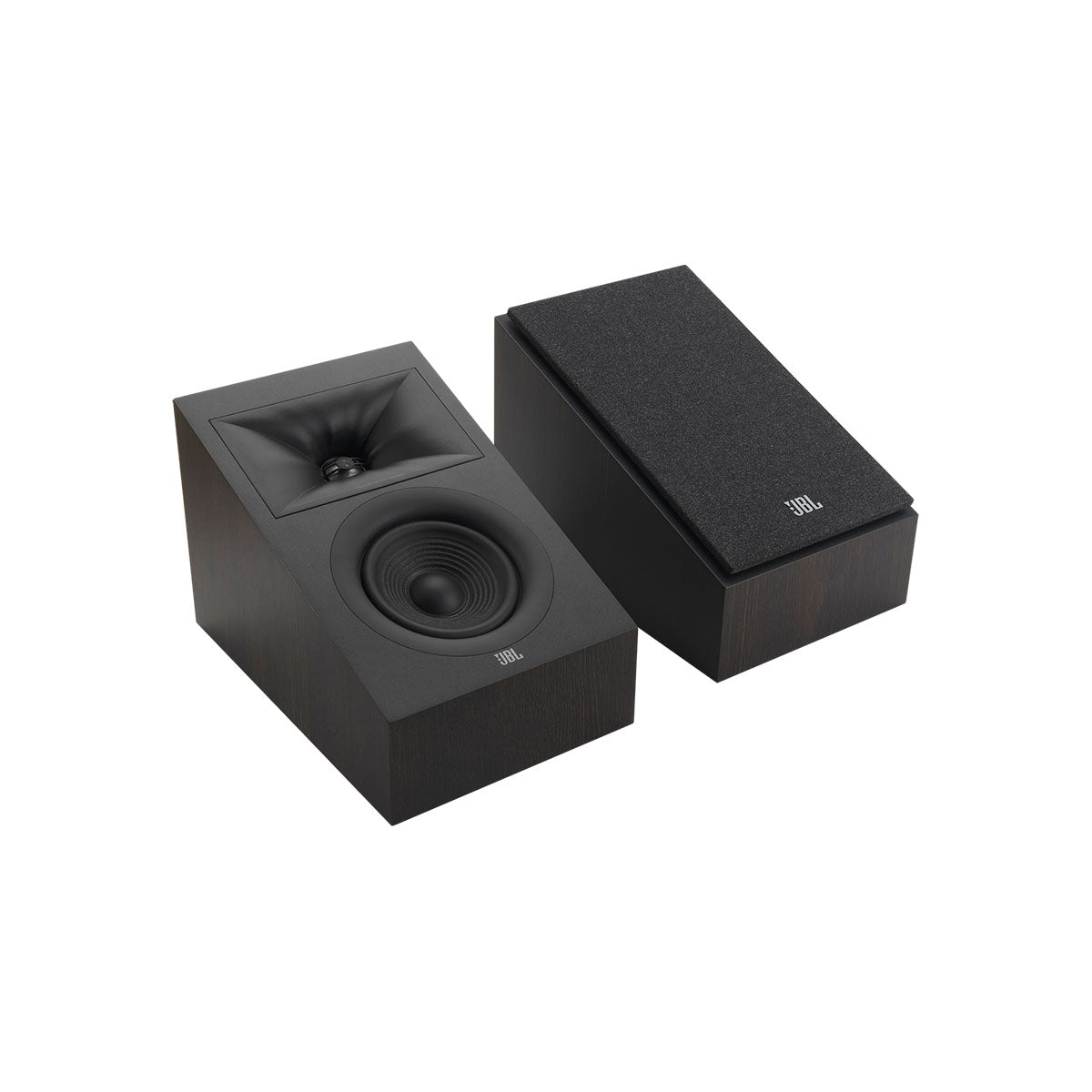 JBL Stage 2 240H 2-Way 4.5-inch Dolby Atmos Surround Sound Loudspeaker - Black - pair of speakers, high-angle front view angled right, left speaker without grille, right speaker with grille