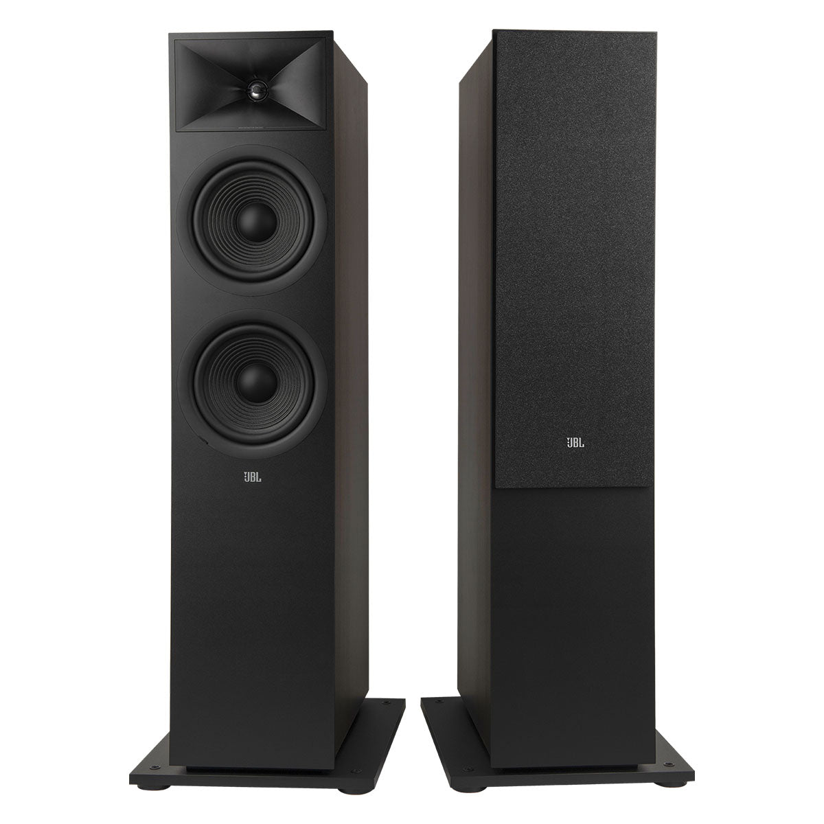 JBL Stage 2 280F 2.5-Way Dual 8-inch Floorstanding Loudspeaker - Black - two speakers front view right speaker with grille left speaker without grille