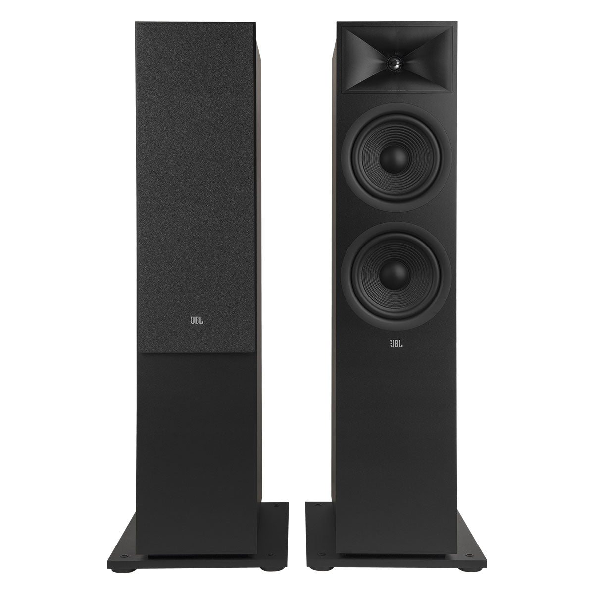 JBL Stage 2 280F 2.5-Way Dual 8-inch Floorstanding Loudspeaker - Black - two speakers front view left speaker with grille right speaker without grille