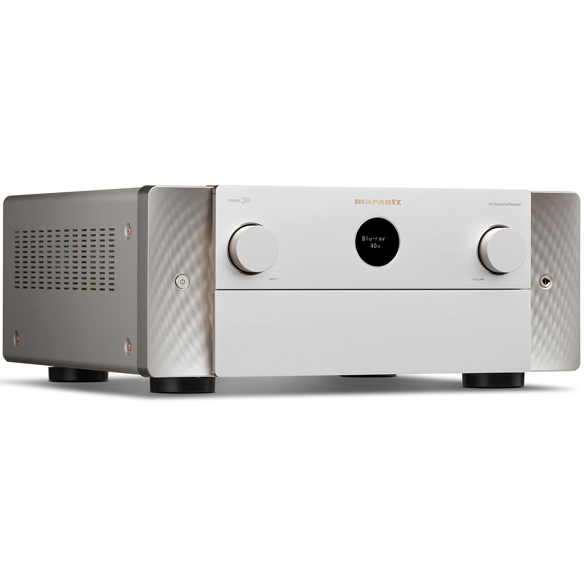 Marantz CINEMA 30 11.4 Channel Home Theater Receiver - Silver / Gold angled left front view with cover
