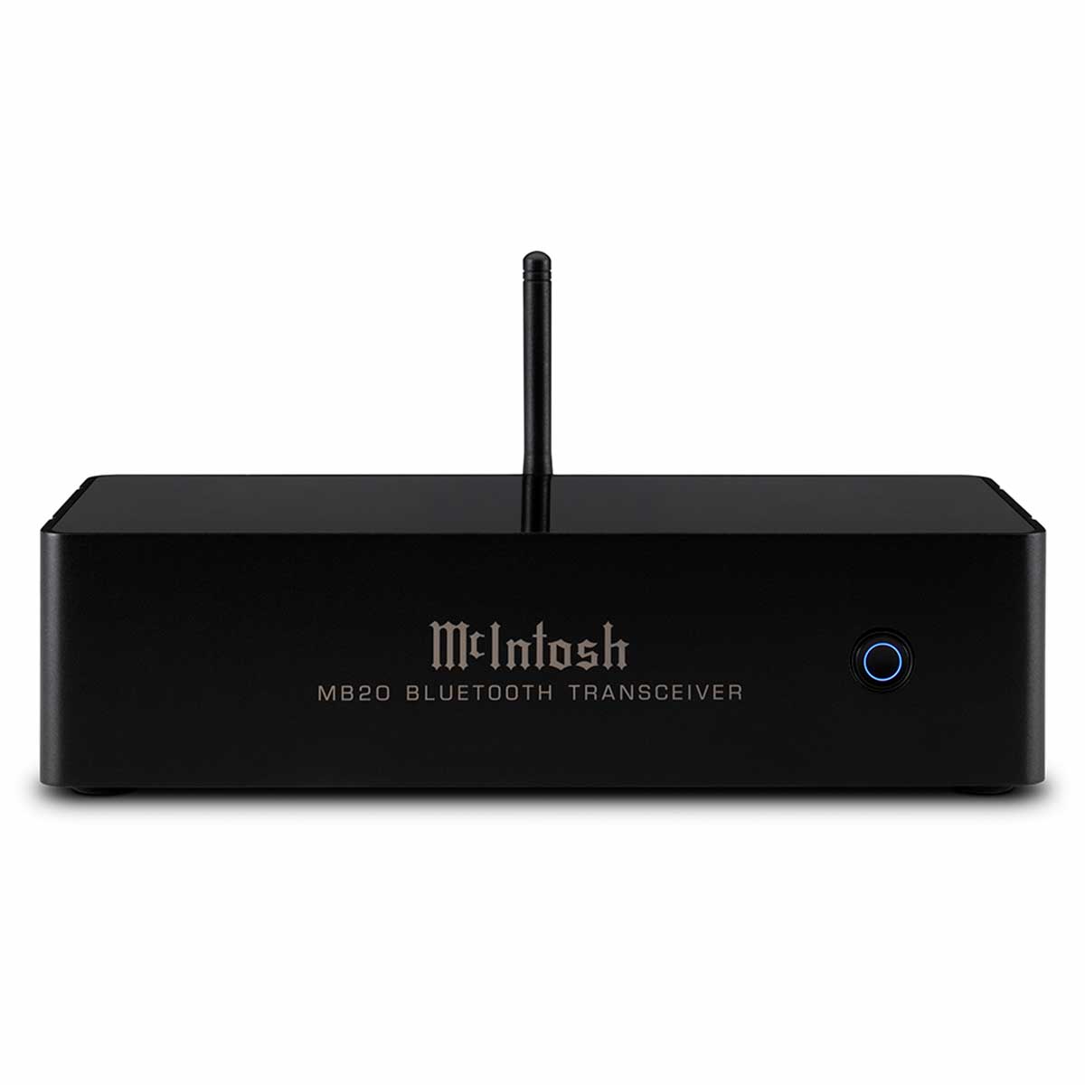 McIntosh MB20 Bluetooth Transceiver, black, front view with antenna