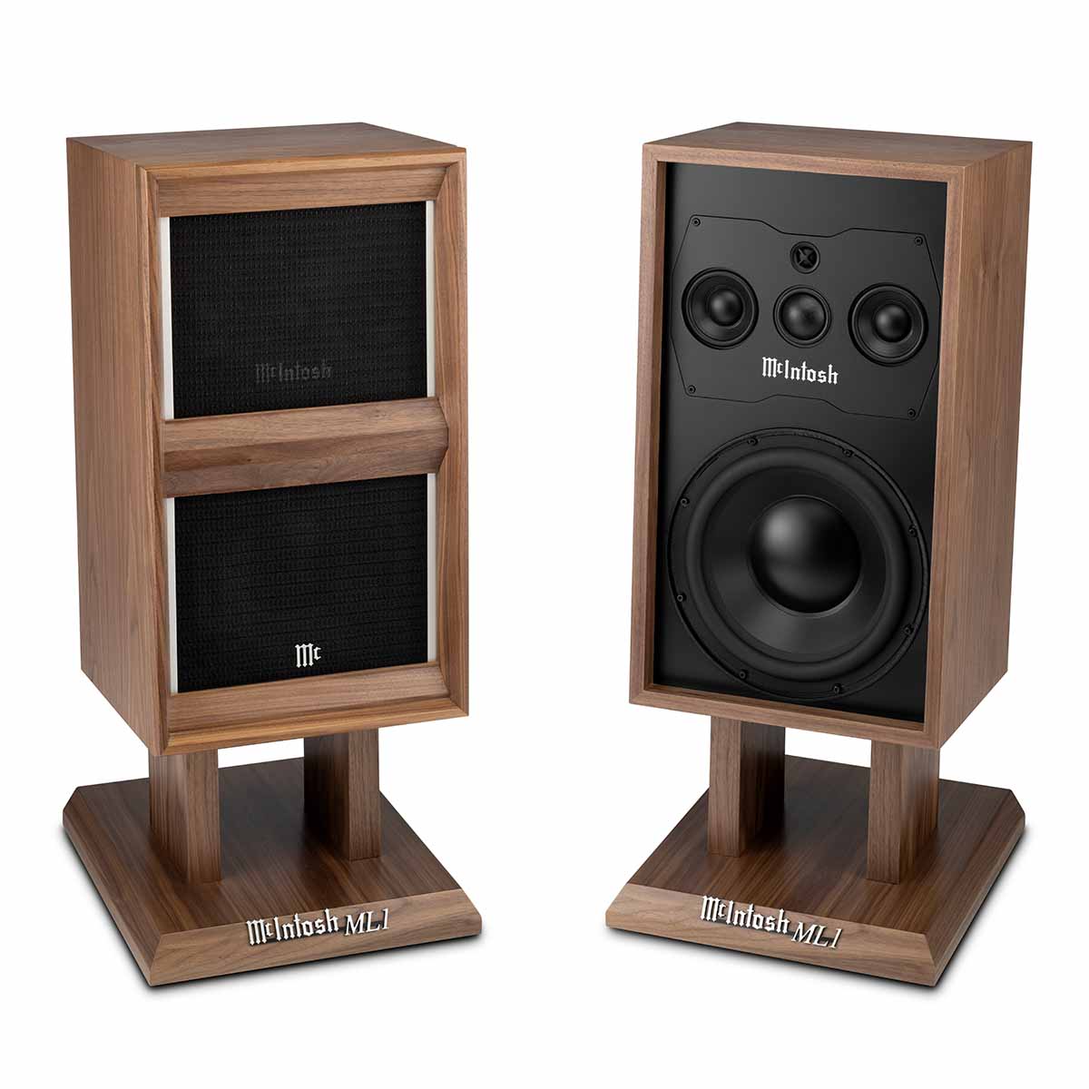 McIntosh ML1 Loudspeaker Mk II pair on stands, one with grille, one without grille
